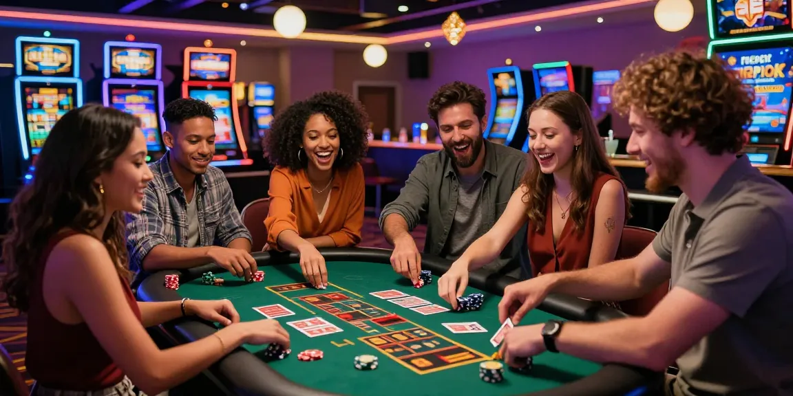 Excited friends enjoying their time at credit card deposit casinos with lively gaming atmosphere.