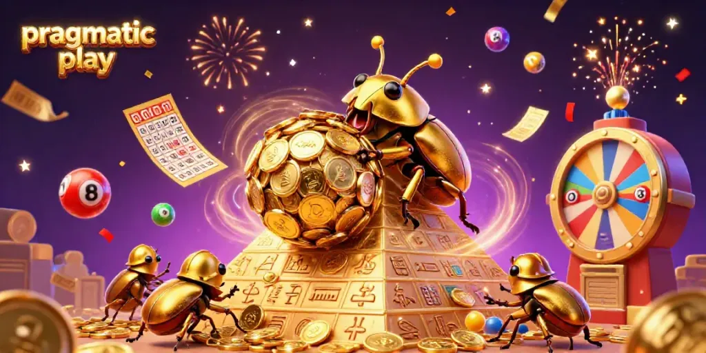 Engage with the vibrant scene of a massive golden dung beetle showcasing pragmatic play gameplay excitement amid swirling confetti and lottery elements.