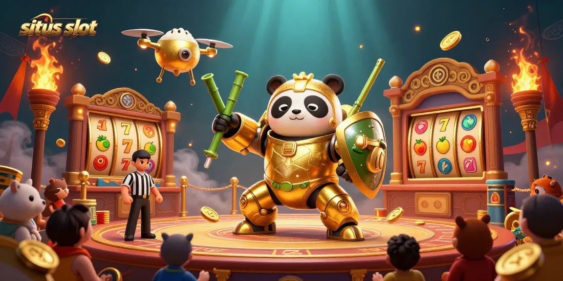 Ilustrasi menarik dari karakter mech-suit panda emas dalam arena situs slot yang meriah.