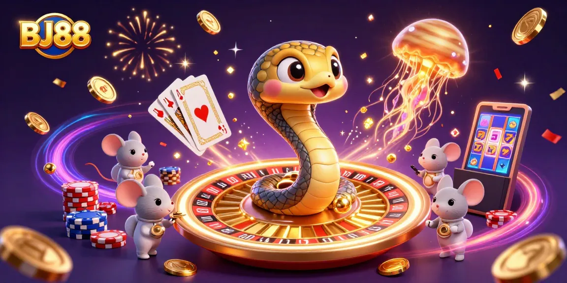 BJ88 creates an exciting casino experience with a cartoon Saturn ring snake roulette scene, cosmic dealer, and lively betting action.