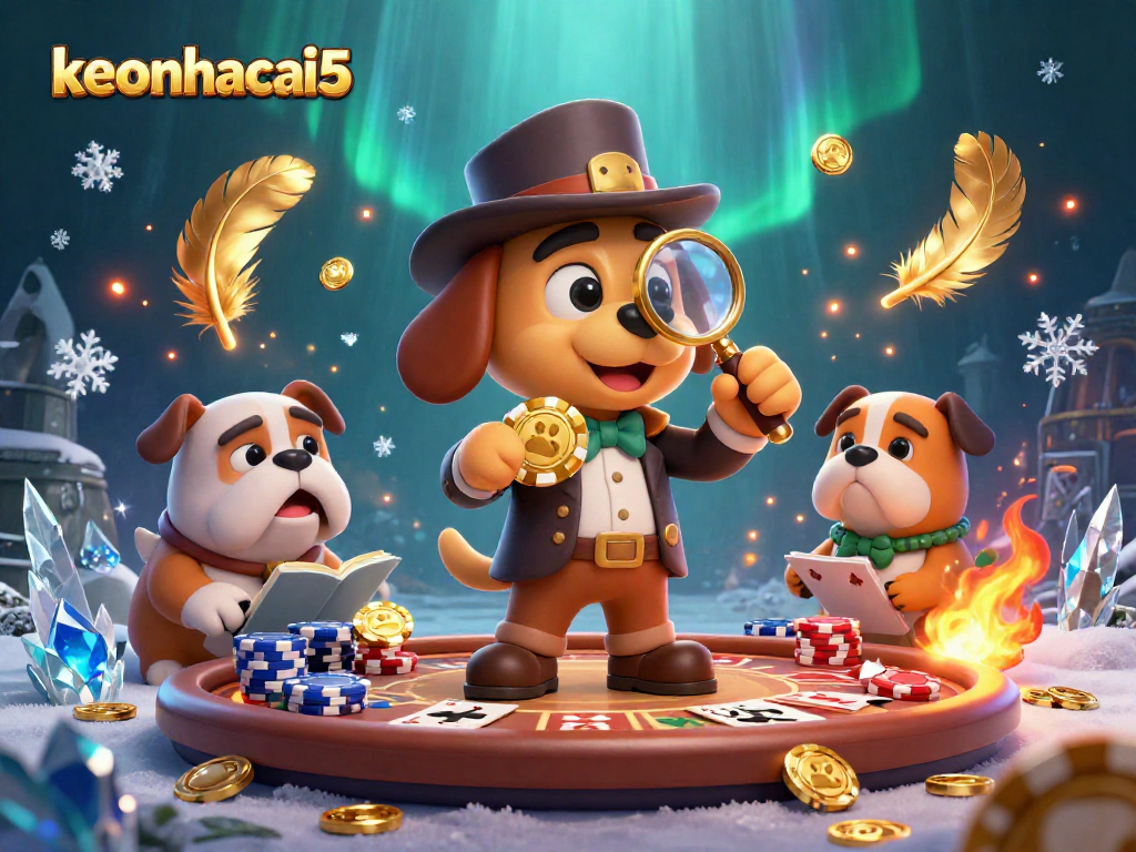 Engage with keonhacai5 while a cartoon detective and bulldog uncover hidden poker treasures.