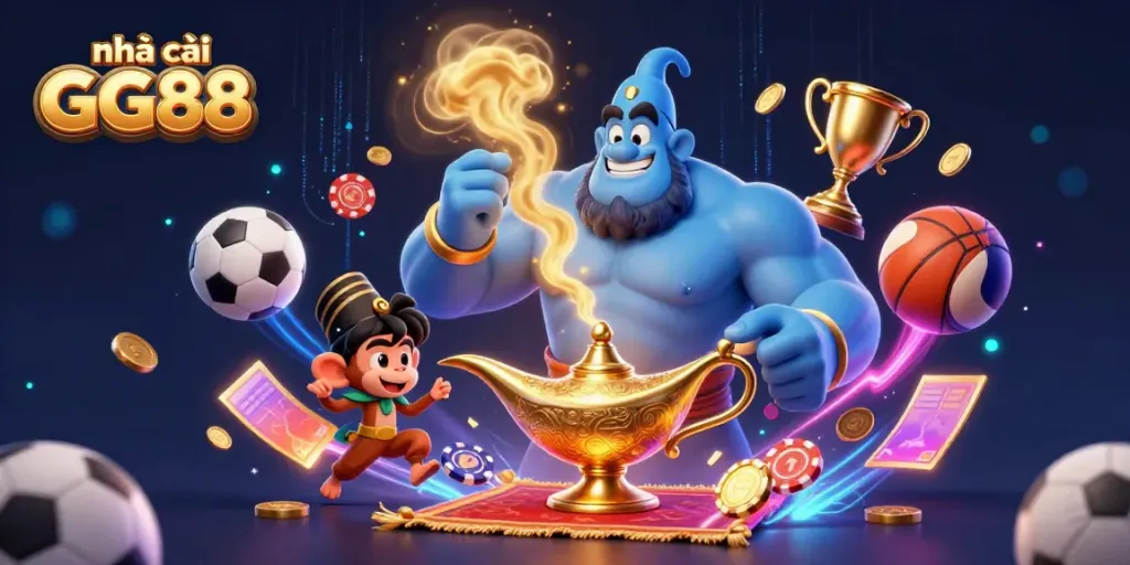 Experience the excitement of nhà cái GG88 with dynamic sports elements and magical characters in a vibrant 3D illustration.
