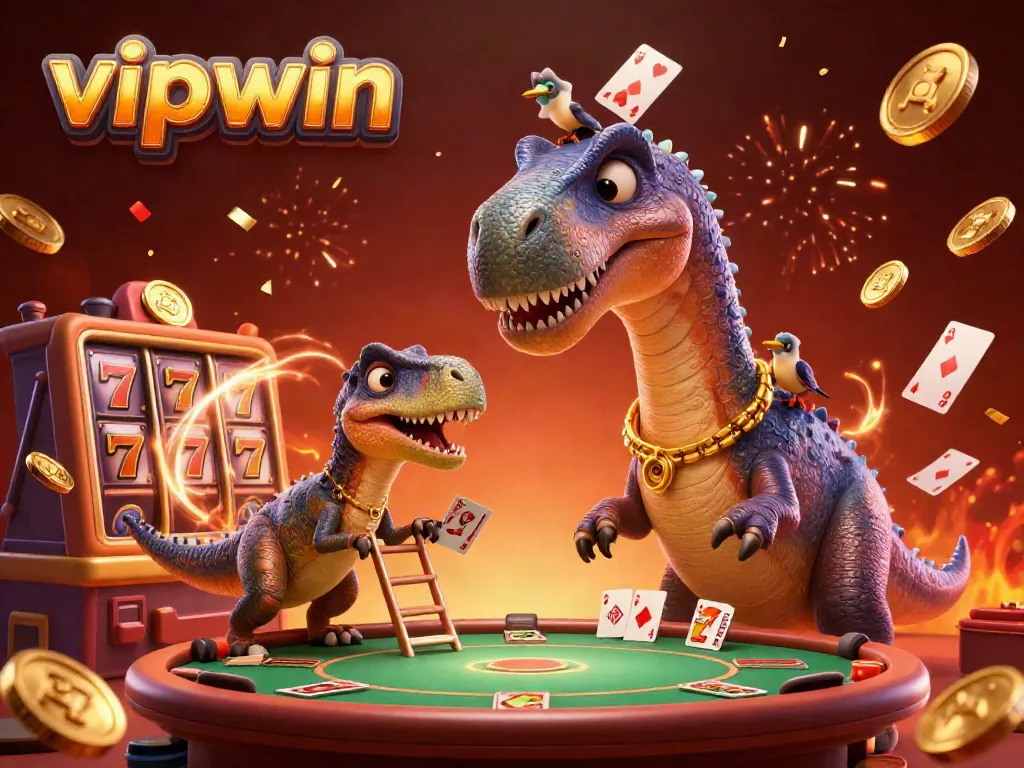 Engage in thrilling gameplay at vipwin, where a cartoon dinosaur interacts with a poker table amidst slot reels and celebration confetti.