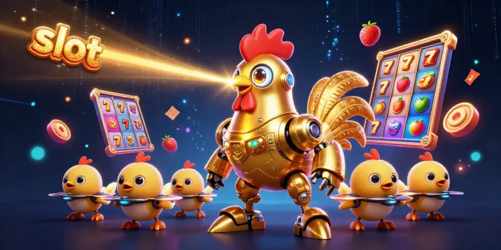 Experience thrilling slot action with a golden rooster robot character amidst vibrant casino game elements.