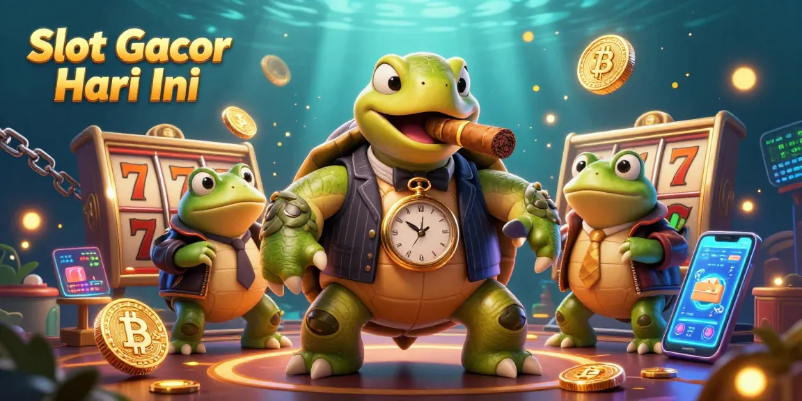 Engage in Slot Gacor Hari Ini with vibrant slot reels amid a lively casino scene featuring unique characters.