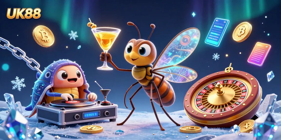 UK88 casino mascot scene with a frozen mosquito and trilobite DJ, evoking dynamic gameplay.