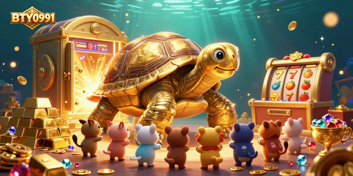 Experience the excitement of BTY0991's slot games with a vibrant illustration of a golden tortoise and treasures.