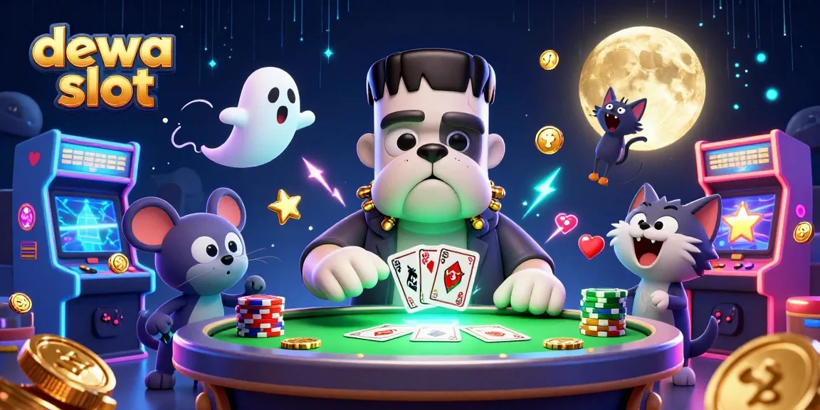 Experience thrilling games at dewa slot with a lively 3D digital illustration showing unique characters and vibrant casino elements.