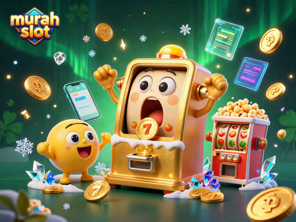 Slot murah dengan mesin emas bergembira saat jackpot, dikelilingi koin dan efek digital.