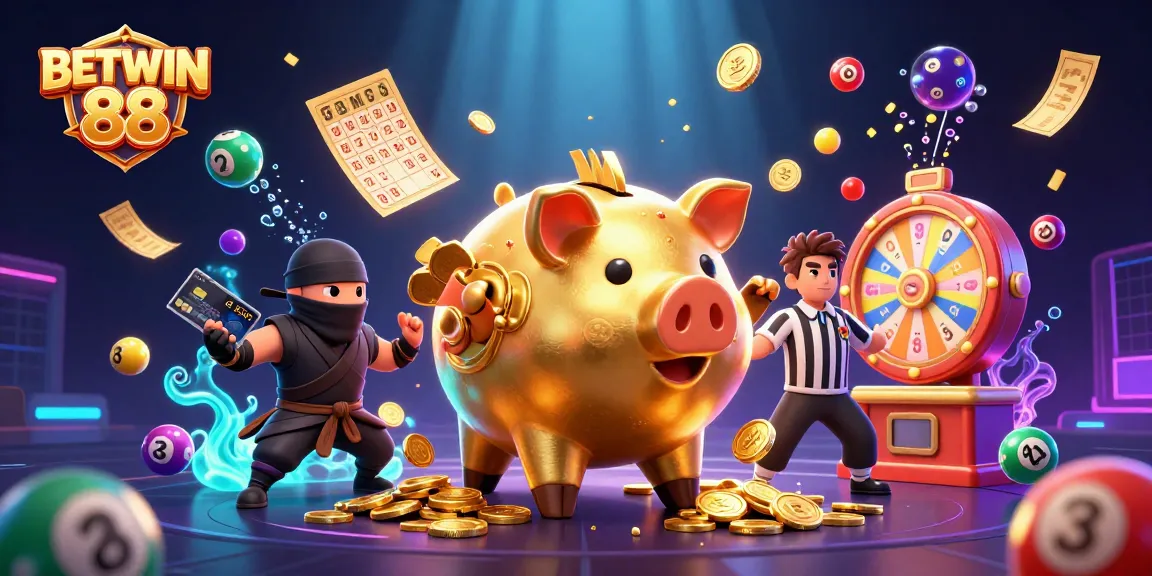 Engage with BETWIN 88 as a sumo wrestler shakes coins, featuring dynamic lottery elements.