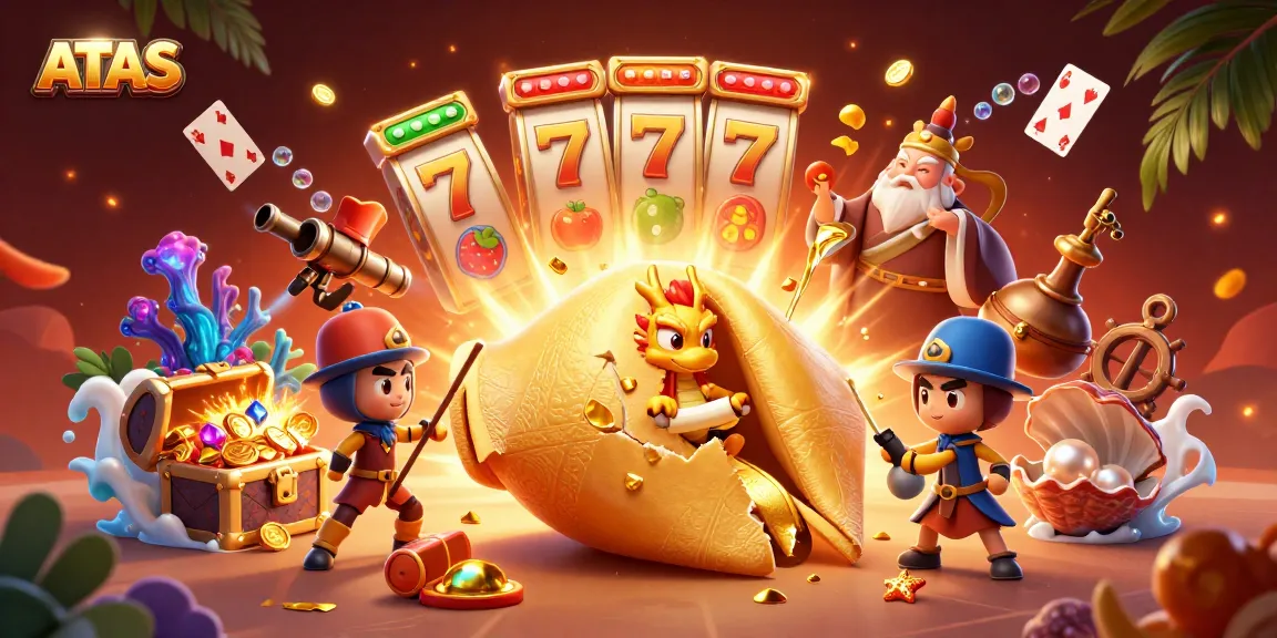 Engage with ATAS Casino's thrilling slots amidst a magical 3D scene featuring fortune elements.
