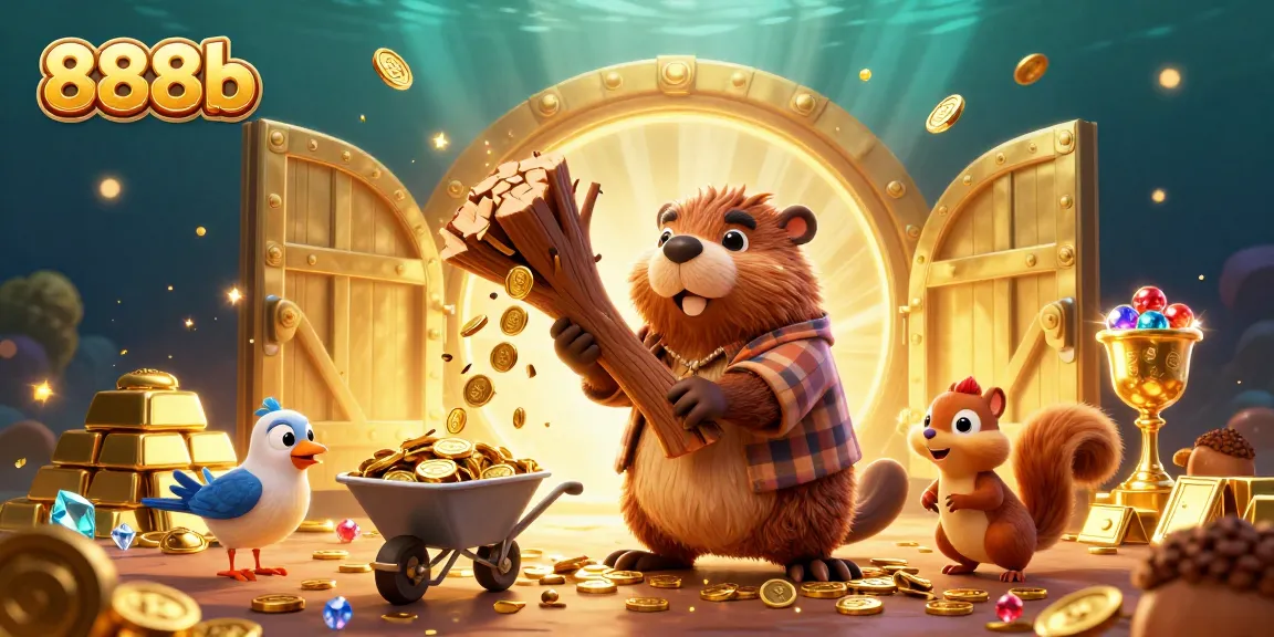 Join the fun at 888b's lively casino scene with gold coins raining down from a charming beaver!