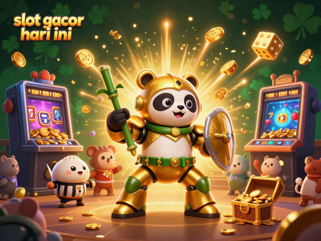 Memenangkan slot gacor hari ini dengan karakter panda emas dalam arena virtual.