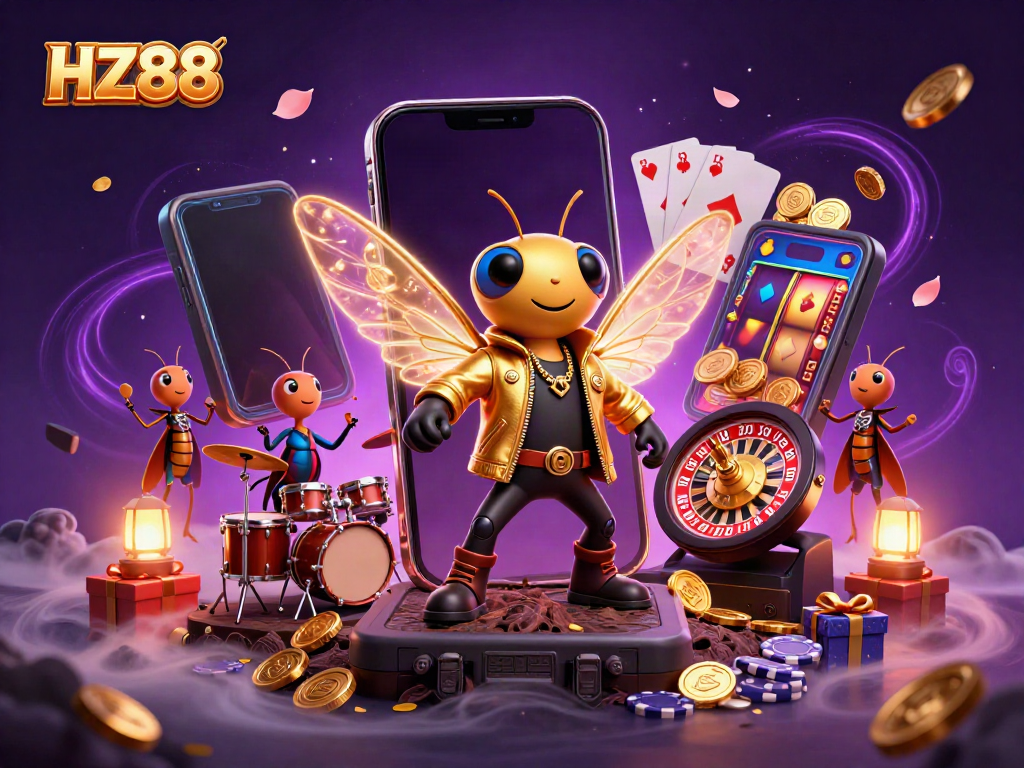 Engage with HZ88's vibrant casino world featuring a rock star cicada and dynamic gaming elements.