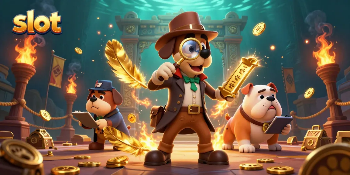 Engaging slot scene with a bloodhound detective and bulldog, uncovering treasures in a colorful casino