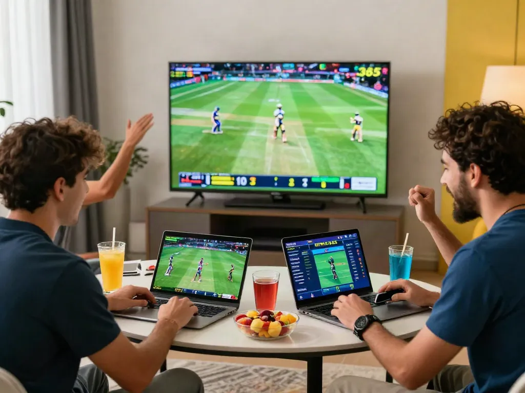 Engaging sports betting experience with friends enjoying cricket and placing bets on lotus365.