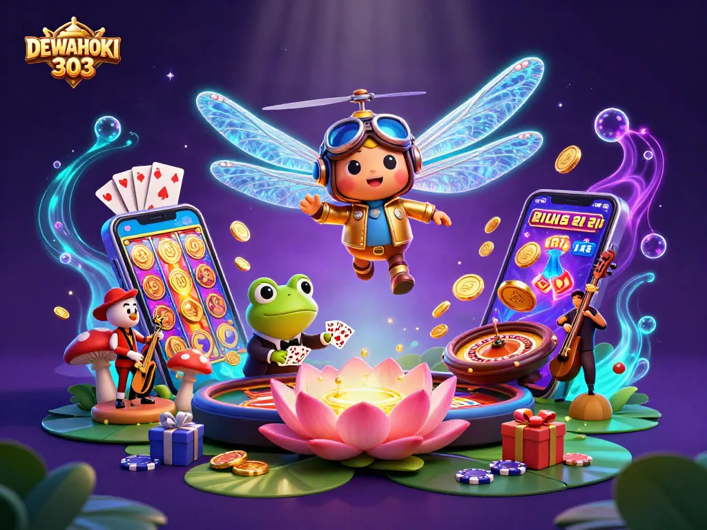 DEWAHOKI303 menampilkan keseruan permainan slot dengan karakter menarik dan elemen kasino yang kaya.