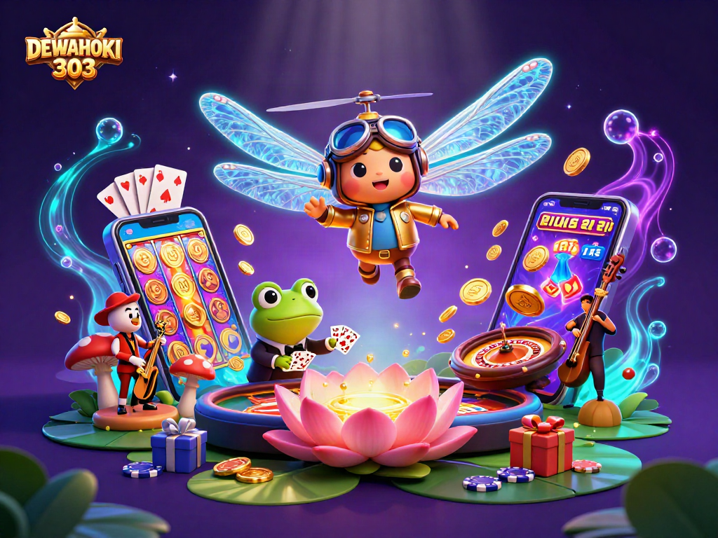 DEWAHOKI303 menampilkan keseruan permainan slot dengan karakter menarik dan elemen kasino yang kaya.