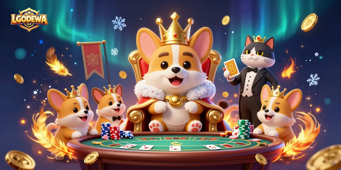Join the royalty at LGODEWA with a fun poker scene featuring playful corgis and golden cards.