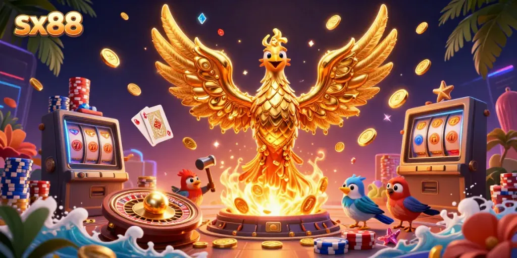 Experience thrilling gameplay at sx88 with a dynamic 3D illustration showcasing casino excitement.