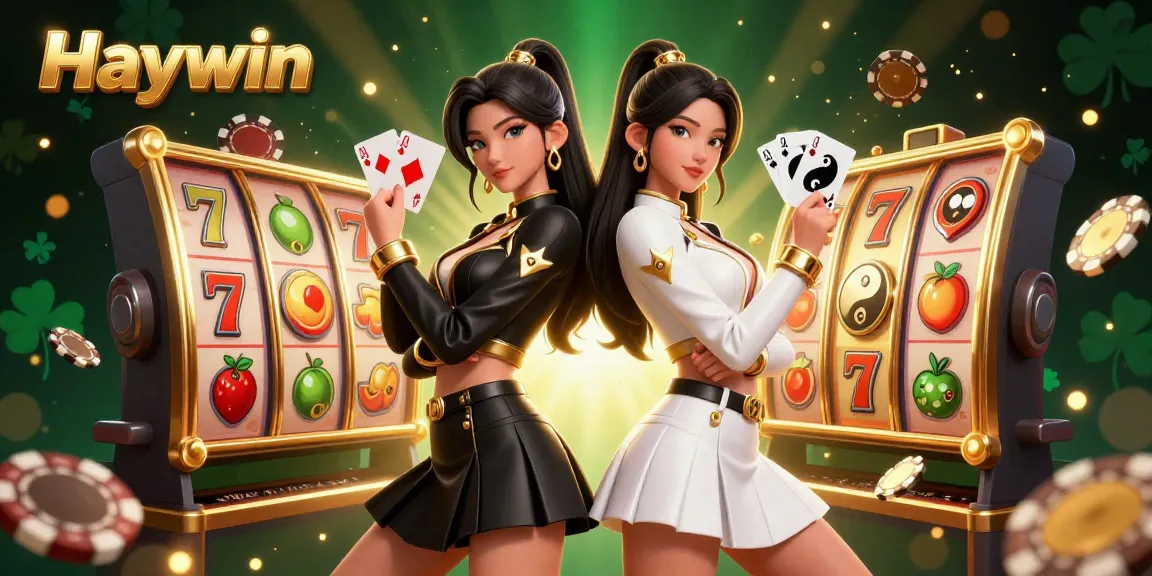 Experience Haywin's thrilling gaming as twin Asian women showcase their winning cards amidst vibrant casino elements.