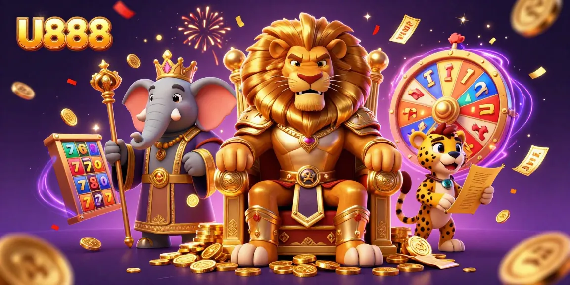 Experience the thrill of U888 with the lion king seated on gold, dynamic slot reels, and celebratory confetti.