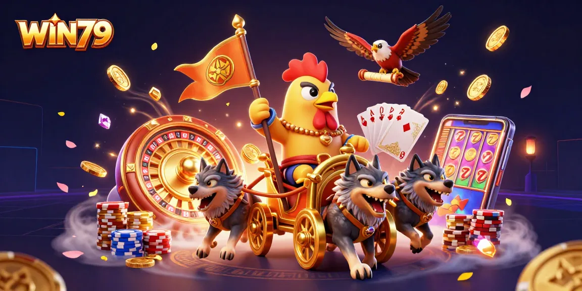 WIN79 showcases thrilling casino action with a rooster warlord commanding a golden chariot amidst cascading treasures.