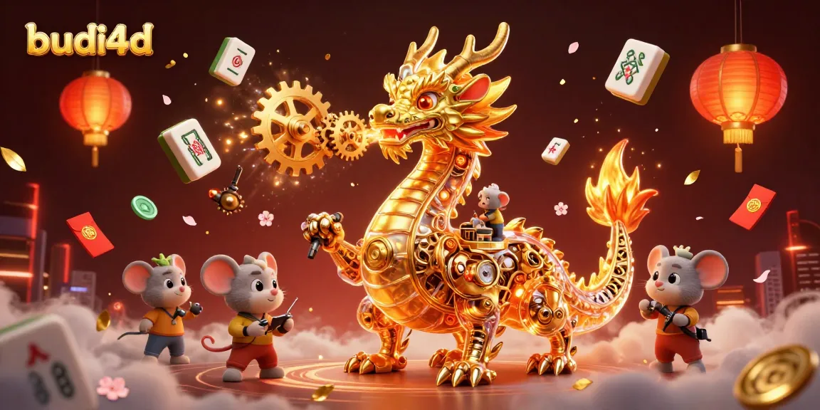 BUDI4D showcases an engaging 3D cartoon dragon illustration with gold gears and poker elements for online gamers.