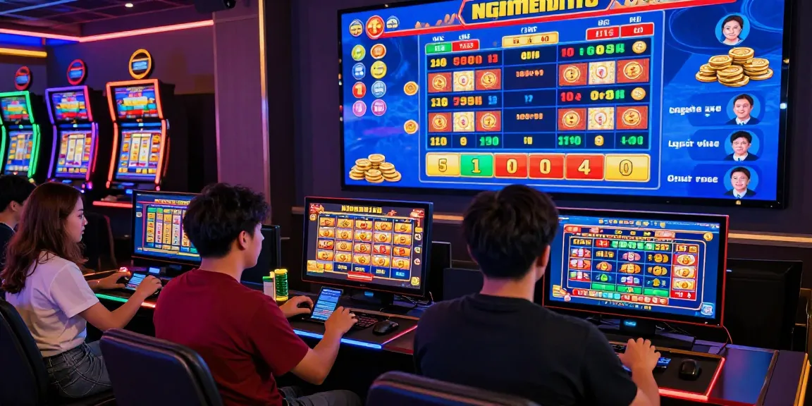 Exciting ngamenjitu online gambling experience with enthusiastic players engaging with devices and colorful slot graphics.