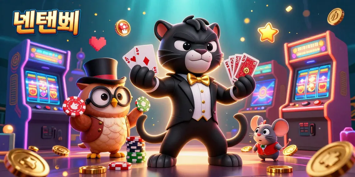 Experience the excitement of 텐텐벳 with a stylish black panther dealer, gleaming casino elements, and joyful motifs.