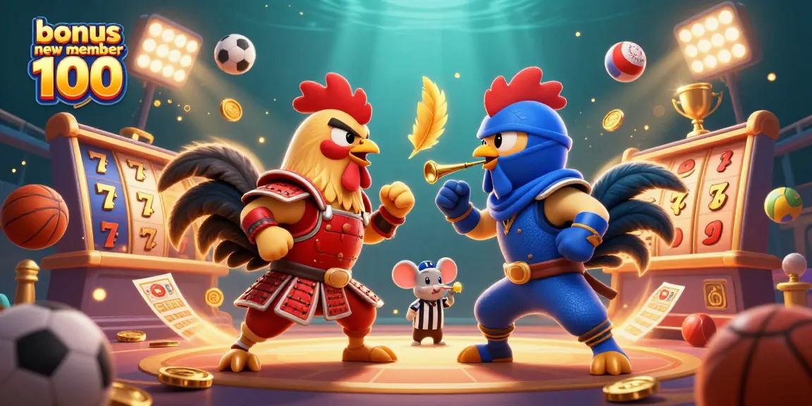 Engage in exciting gameplay with bonus new member 100, featuring bold roosters and vibrant casino elements.