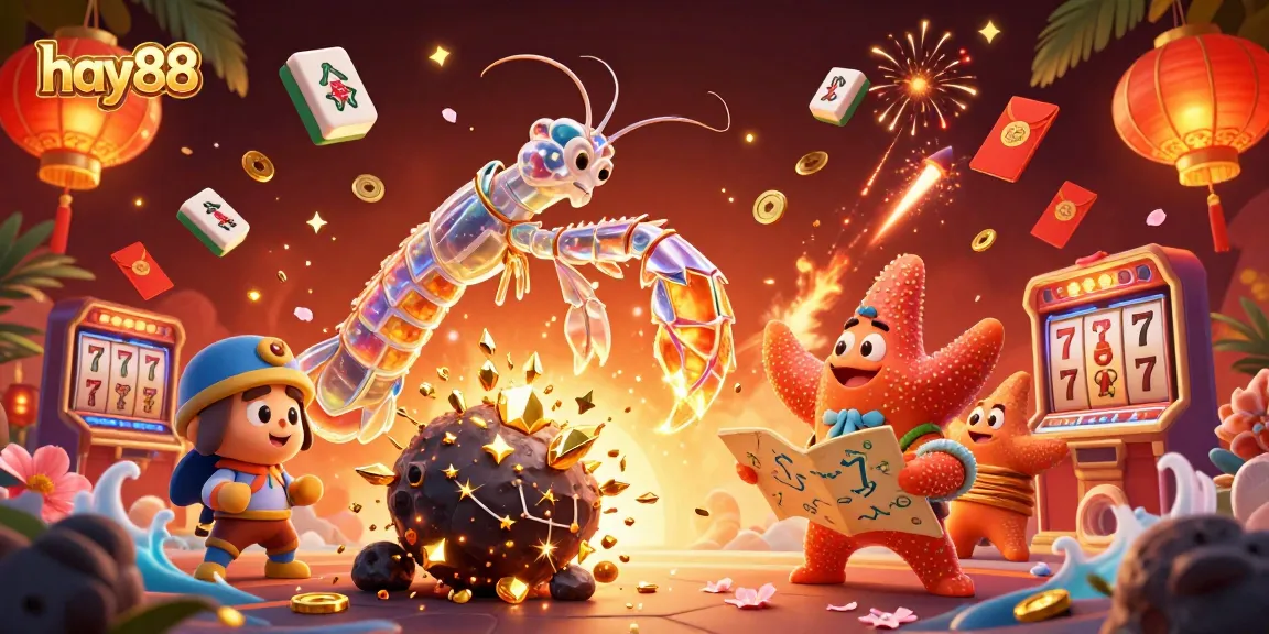 Experience excitement at hay88 as the galactic samurai mantis shrimp bursts through gems and coins in a dazzling casino scene.