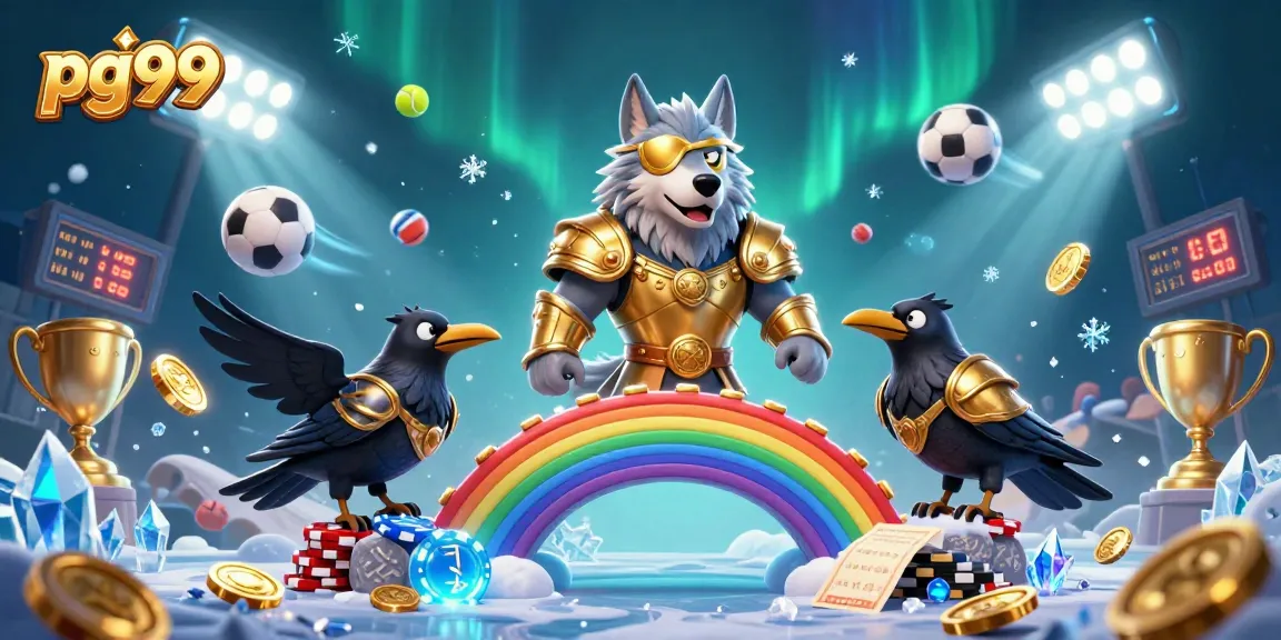 Engaging pg99 gaming illustration showcasing Odin and ravens amidst a vibrant casino scene.