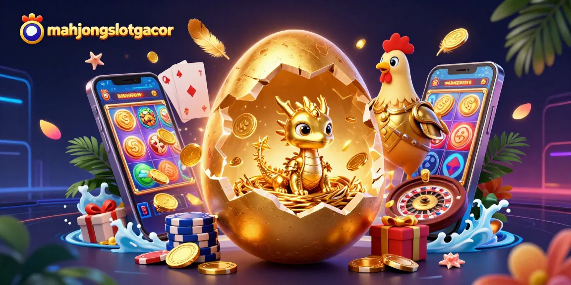 Engage with mahjongslotgacor as a gold dragon emerges from a golden egg amidst vibrant gaming elements.