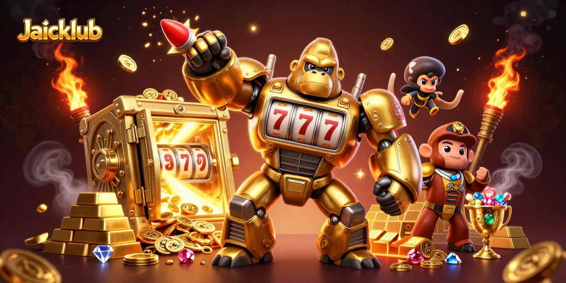 Play exciting games at Jaiclub with a dynamic scene featuring a golden gorilla mech and treasures.