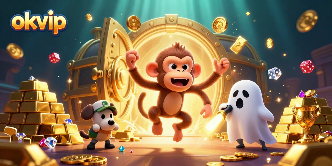Experience winnings with okvip as a mischievous monkey juggles treasures in a haunted casino scene.