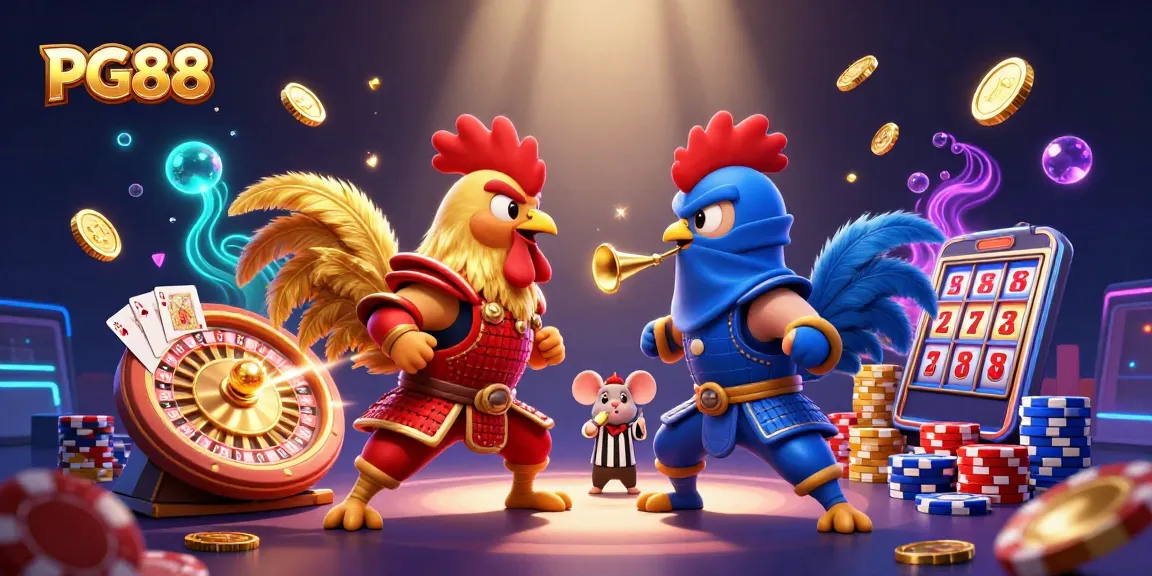 Bet on PG88 with spectacular fighting roosters and rich casino elements like coins and gems.