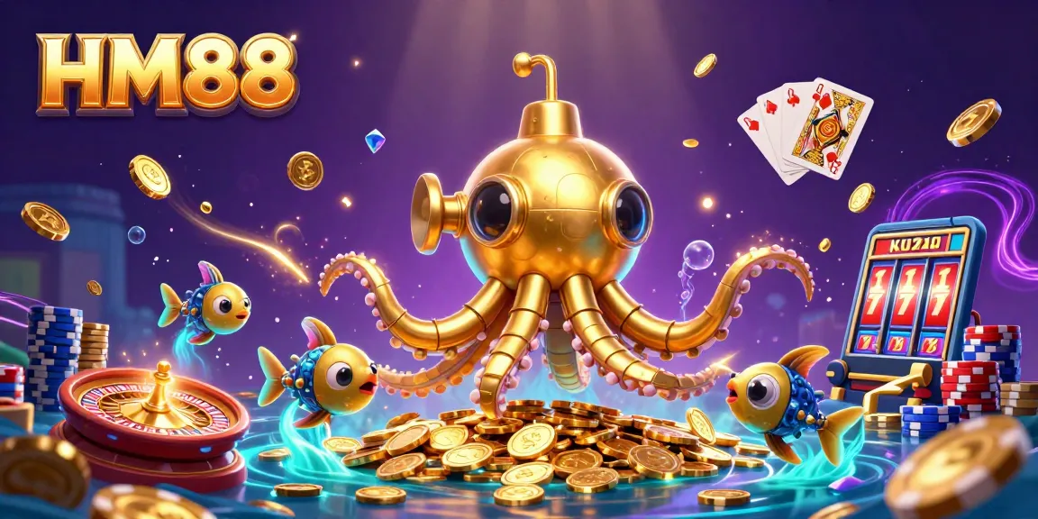 Experience thrilling gameplay at HM88 with a golden kraken submarine surfacing amidst radiant coins and gems.