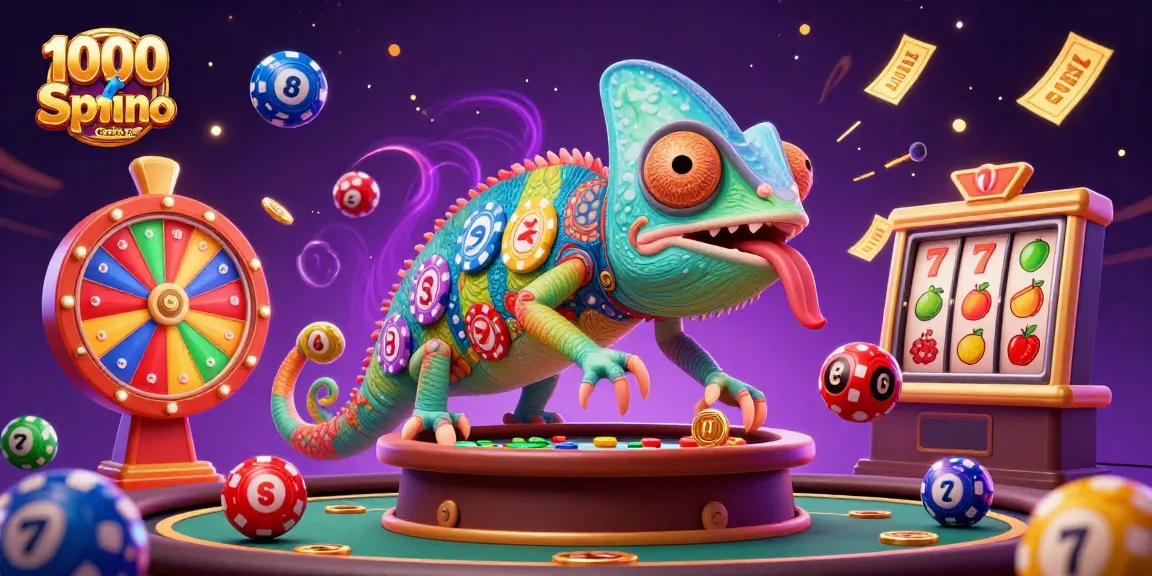 Erleben Sie das 1000 Spins Casino DE mit einem bunten Chameleon-Glücksspieler und dynamischen Casino-Elementen.