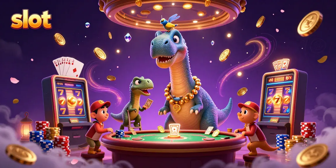 Slot dengan mesin slot beruntung dan kartu royal flush di kasino yang penuh gemerlap.