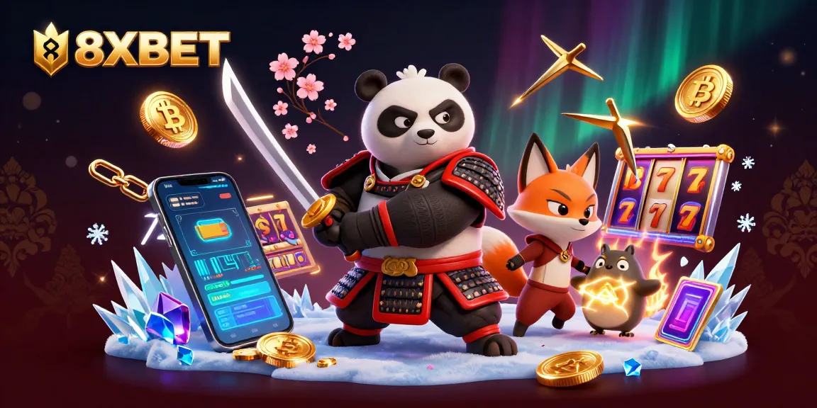 Experience exciting gameplay with 8XBET, featuring a samurai panda and ninja fox in a vibrant casino scene.