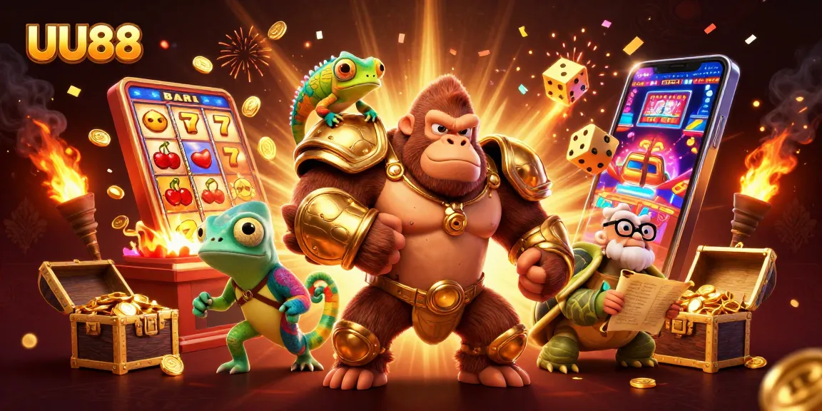 Experience the excitement of UU88 casino with a gorilla ruler, a chameleon spy, and a wise tortoise elder among vibrant game elements.