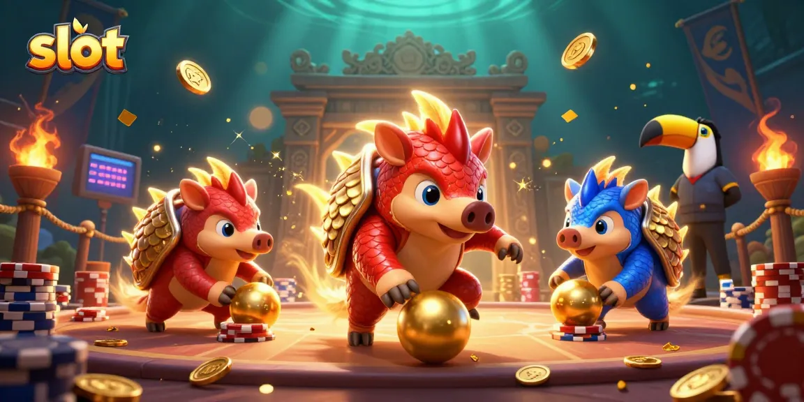 Slot menarik dengan dua pangolin bertarung di arena, dikelilingi koin emas dan seremonial.