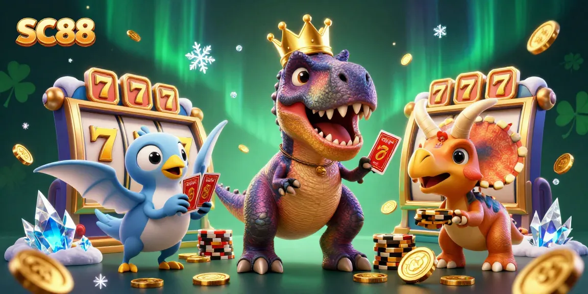 Experience exciting wins at SC88 with lively characters playing casino games and stacking chips.