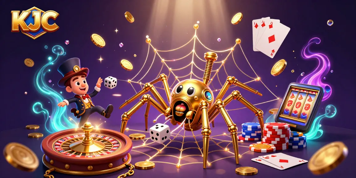 KJC captivates players with a golden spider web of casino luck in this vibrant gambling scene.