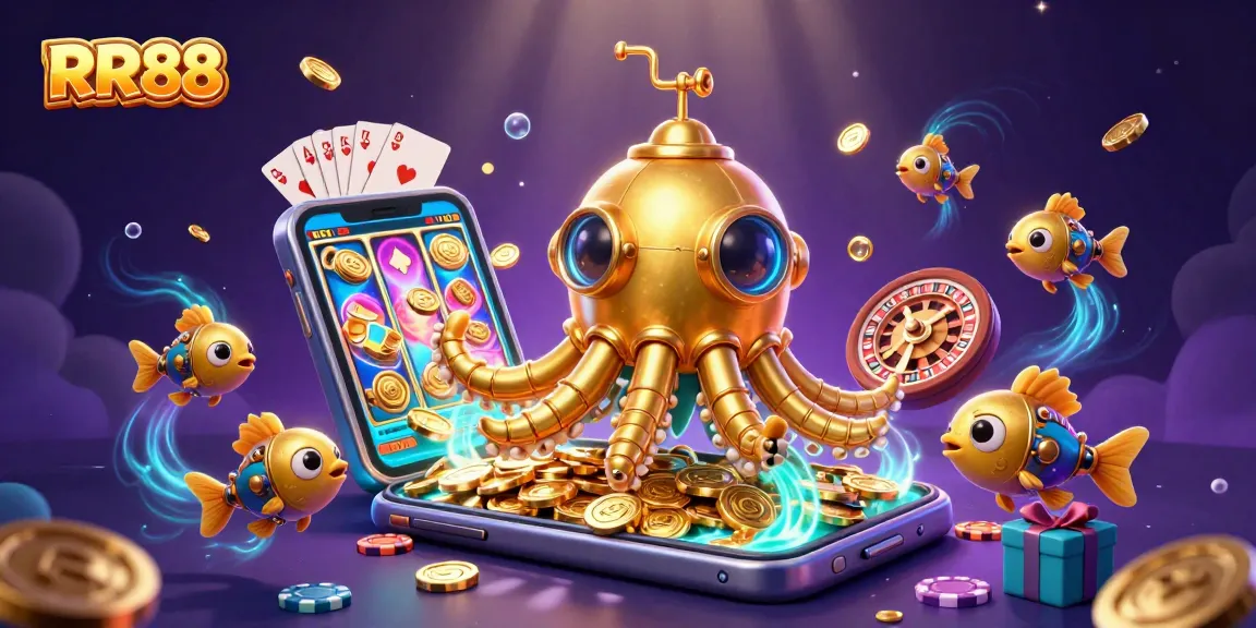 Experience the thrill of RR88 with an exciting underwater casino scene featuring a kraken submarine, slot games, and golden coins.