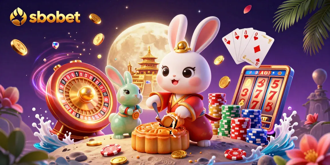 Bet on sbobet with vibrant scenes of luck including moon rabbit and casino elements.