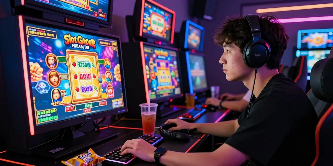 Player immersed in Slot Gacor Malam Ini gaming, surrounded by dynamic and colorful graphics.