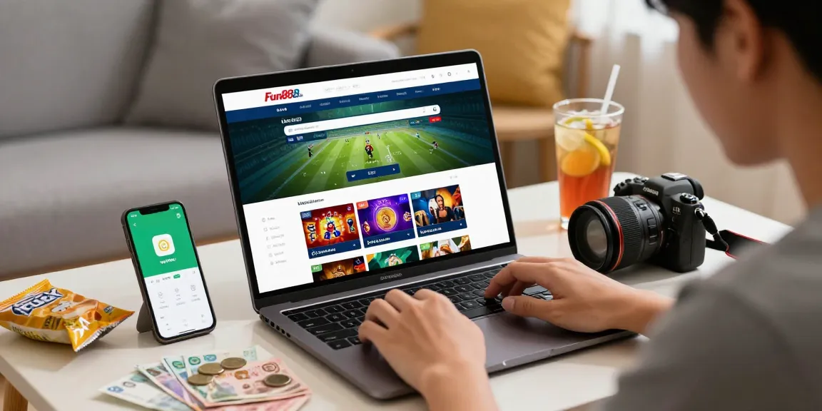 Engaged bettor using Fun88Thailand on a laptop with Thai baht in a cozy setting.