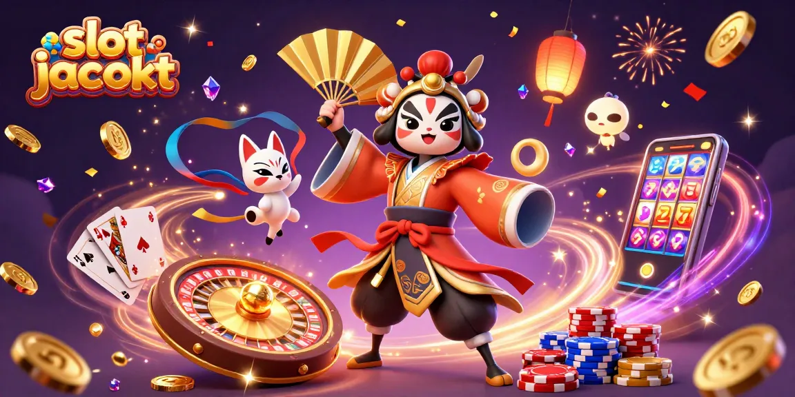 Slot jackpot yang menggembirakan dengan karakter menarik dan elemen permainan di sekitar.